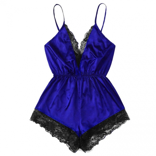 Sexy Royal-blue Satin Lace Trim Spaghetti Strap Backless Bodysuit Teddy Lingerie N20649