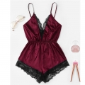 Sexy Wine-red Satin Lace Trim Spaghetti Strap Backless Bodysuit Teddy Lingerie N20648