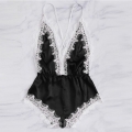 Sexy Black Satin Spaghetti Strap Deep-V Backless Lace Trim Bodysuit Teddy Lingerie N20645