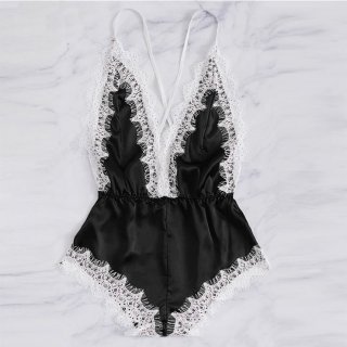Sexy Black Satin Spaghetti Strap Deep-V Backless Lace Trim Bodysuit Teddy Lingerie N20645