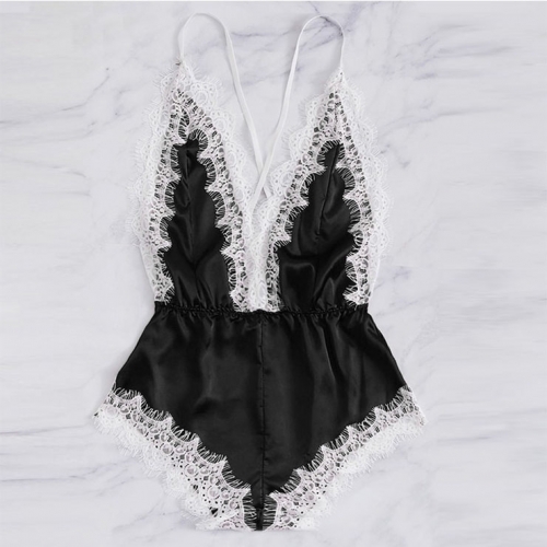 Sexy Black Satin Spaghetti Strap Deep-V Backless Lace Trim Bodysuit Teddy Lingerie N20645
