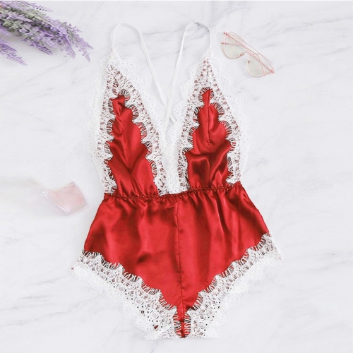 Sexy Red Satin Spaghetti Strap Deep-V Backless Lace Trim Bodysuit Teddy Lingerie N20644
