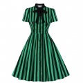 Vintage Bow-knot Tie Collar Short Sleeve Front Button Stripe High Waist Big Swing Dress N20620