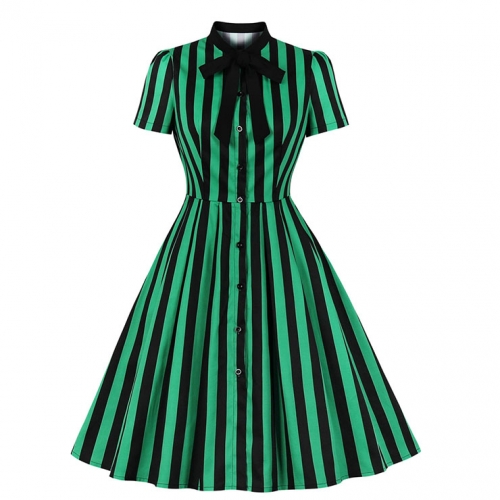 Vintage Bow-knot Tie Collar Short Sleeve Front Button Stripe High Waist Big Swing Dress N20620
