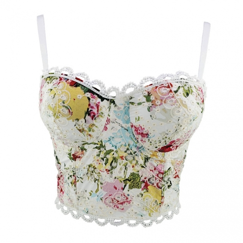 Sexy Floral Print Padded Underwire Bustier Spaghetti Straps Lace Bra Clubwear Crop Tops N20615