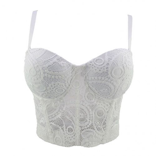 Sexy White Hollow Hook Flower Short Bustier Spaghetti Straps Bra Clubwear Crop Tops N20613