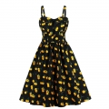 Sexy Yellow Peach Pattern Print Spaghetti Straps High Waist Dinner Party Midi Swing Dress N20564