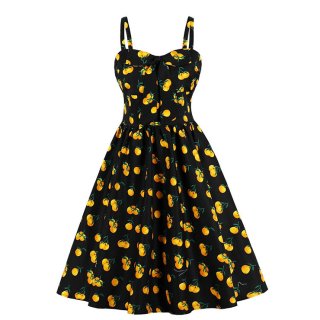Sexy Yellow Peach Pattern Print Spaghetti Straps High Waist Dinner Party Midi Swing Dress N20564