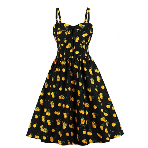 Sexy Yellow Peach Pattern Print Spaghetti Straps High Waist Dinner Party Midi Swing Dress N20564