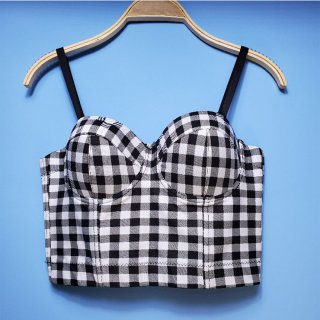 Sexy Black And White Checkered Padded Underwire B Cup Bustier Bra Clubwear Crop Top N20531