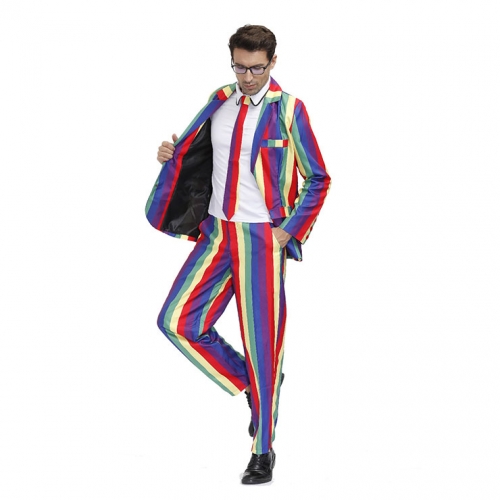 Men 's Fashion Rainbow Stripes Print Personalized Party Suit Adult Cosplay Costume N20489