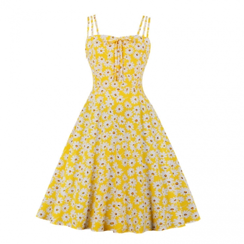 Cute Daisy Print Spaghetti Straps Sleeveless High Waist Summer Party Swing Slip Dress N20434