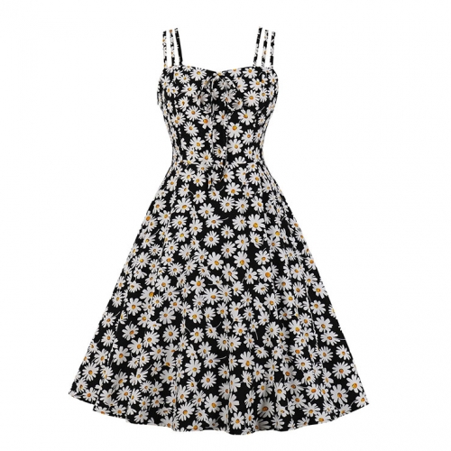 Cute Daisy Print Spaghetti Straps Sleeveless High Waist Summer Party Swing Slip Dress N20433