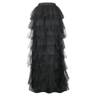 Women's Retro Black Multi-layer Gauze High Waist Elastic High Low Dance Skirt N20269