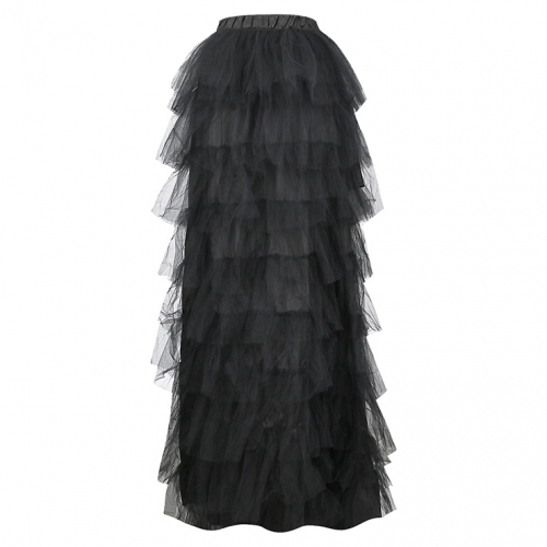 Women's Retro Black Multi-layer Gauze High Waist Elastic High Low Dance Skirt N20269