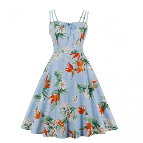Sexy Floral Print Spaghetti Straps Sleeveless Backless High Waist Summer Party Swing Dress N20271