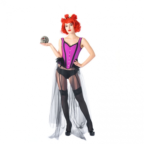 Gothic Purple Feather Jacquard Elastic Wide Straps Gauze Hem Corset With Pantie Set N20239