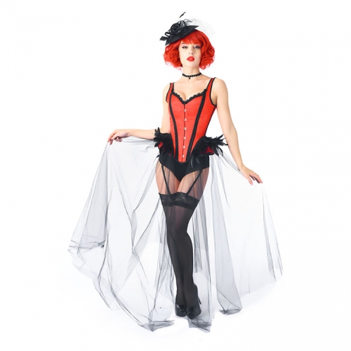 Gothic Red Feather Jacquard Buckle Shoulder Straps Gauze Hem Corset With Pantie Set N20238