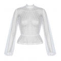Sexy White Polka Dots Sheer Soft Yarn Stand Collar Long Sleeve Slim Waist Blouse N20234