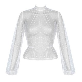 Sexy White Polka Dots Sheer Soft Yarn Stand Collar Long Sleeve Slim Waist Blouse N20234