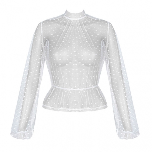 Sexy White Polka Dots Sheer Soft Yarn Stand Collar Long Sleeve Slim Waist Blouse N20234