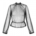 Sexy Black Polka Dots Sheer Soft Yarn Stand Collar Long Sleeve Slim Waist Blouse N20233