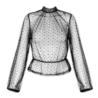 Sexy Black Polka Dots Sheer Soft Yarn Stand Collar Long Sleeve Slim Waist Blouse N20233