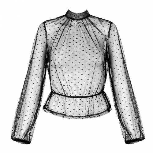 Sexy Black Polka Dots Sheer Soft Yarn Stand Collar Long Sleeve Slim Waist Blouse N20233