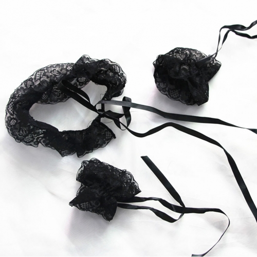 Victorian Gothic Black Floral Lace Wristband Lace-up Bracelet And Scarf J20216