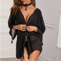 Sexy See-through Long Sleeve Chiffon Irregular Trim Thin Nightgown With G-string N20184