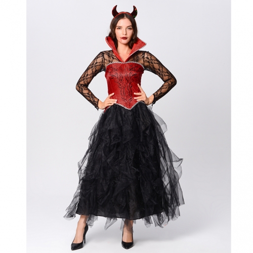 Gothic Devil Stand Collar Corset Sheer Lace and Mesh Long Gown Adult Vampire Costume N20164