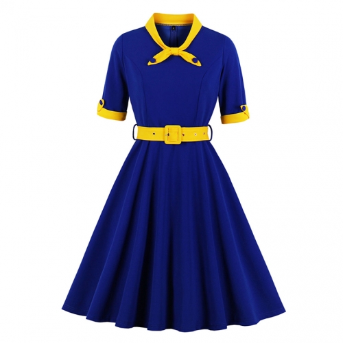 1950's Vintage Tie Collar Half Sleeve High Waist Belted A-line Party Midi Dress N20111