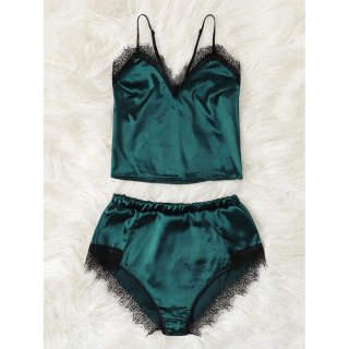 Sexy Soft Satin Lace Trim Camisole and Panty Lingerie Set N20091