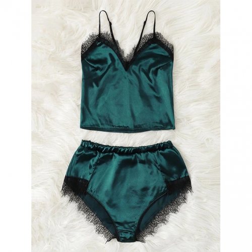 Sexy Soft Satin Lace Trim Camisole and Panty Lingerie Set N20091