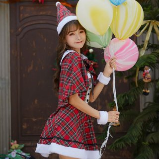 4pcs Cute Santa Girl Plaid Mini Dress With Lace-up Cloak Christmas Costume XT19999