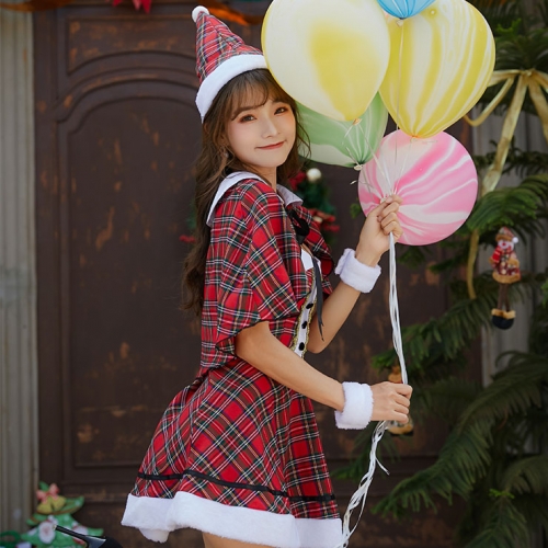 4pcs Cute Santa Girl Plaid Mini Dress With Lace-up Cloak Christmas Costume XT19999