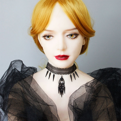 Victorian Gothic Black Sheer Lace Choker Beads Embellished Pendant Necklace J19988