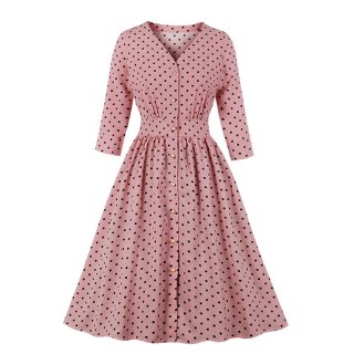 Vintage Rockabilly Polka Dots Half Sleeve Front Button High Waist Cocktail Party Swing Dress N19947