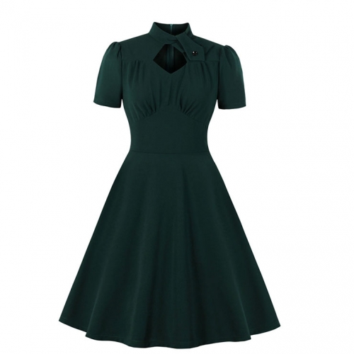 Vintage Solid Color Stand Collar Short Sleeve High Waist A-line Midi Dress N19940 Vintage Solid Color Stand Collar Short Sleeve High Waist A-line Midi Dress N19940