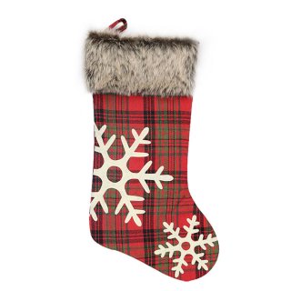 Cute Red Plaid Cloth Plush Snowflake Pattern Christmas Socks Festival Ornament Accessory XT19831