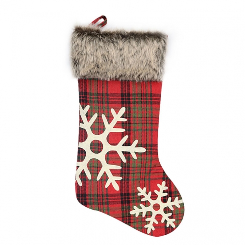 Cute Red Plaid Cloth Plush Snowflake Pattern Christmas Socks Festival Ornament Accessory XT19831