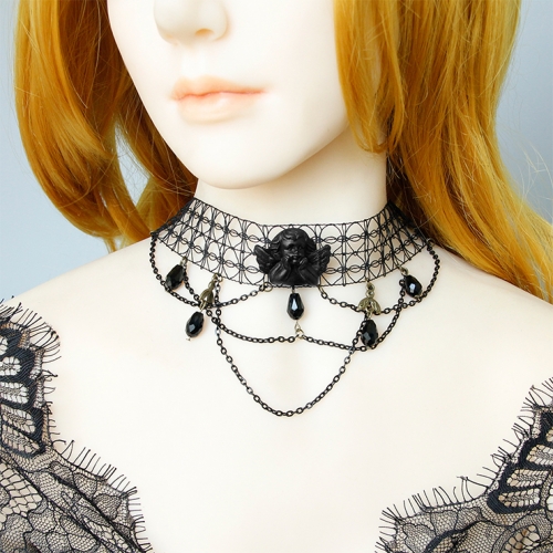 Gothic Style Black Evil Little Angel and Bead Chain Pendant Mesh Halloween Necklace J19703