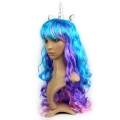 Fancy Unicorn Silver Horn Colorful Gradient Wavy Long Hair Halloween Cosplay Party Wig MS19641