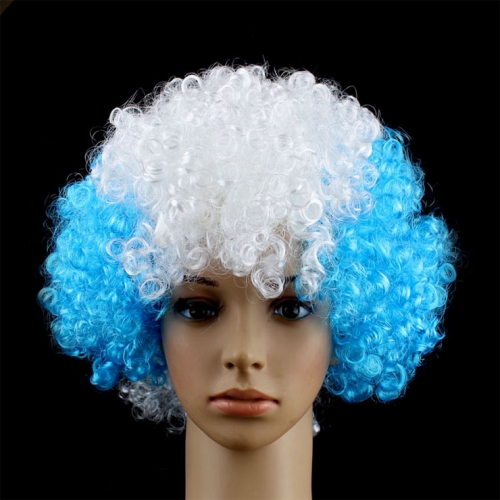 Unisex Blue White Explosion Head Curls Argentina Flag Carnival Cosplay Party Wig MS19642