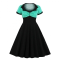 1950's Vintage Polka Dots Spliced Lapel Short Sleeve Cocktail Party A-line Swing Dress N19624