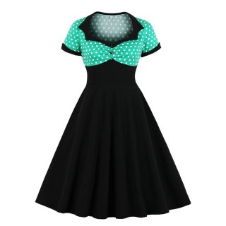 1950's Vintage Polka Dots Spliced Lapel Short Sleeve Cocktail Party A-line Swing Dress N19624