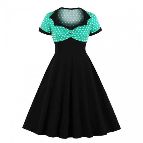 1950's Vintage Polka Dots Spliced Lapel Short Sleeve Cocktail Party A-line Swing Dress N19624