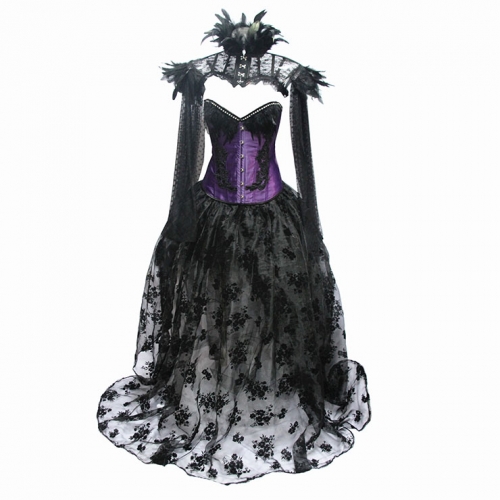 Victorian Gothic Satin Overbust Corset Feather Collar Shrug Organza High Low Skirt Set N19603