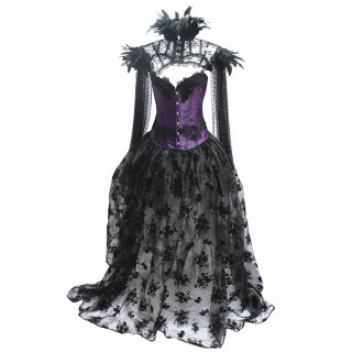 Victorian Gothic Satin Overbust Corset Feather Collar Shrug Organza High Low Skirt Set N19602