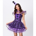 4pcs Deluxe Sexy Circus Clown Purple Grid Mini Dress Black Heart Queen Cosplay Costume N19551